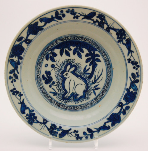 Dish, decorated with a “hare looking at the moon”, in China this means a “long life”, Ming circa 1550