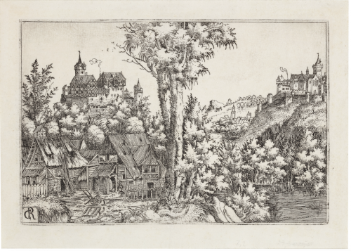 A landscape with a farm and two castles on hilltops, divided by a tree