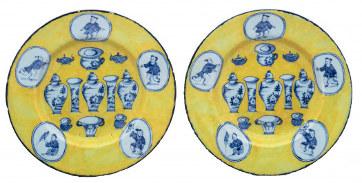 Pair of Yellow-Ground Delftware 'Sample' Plates